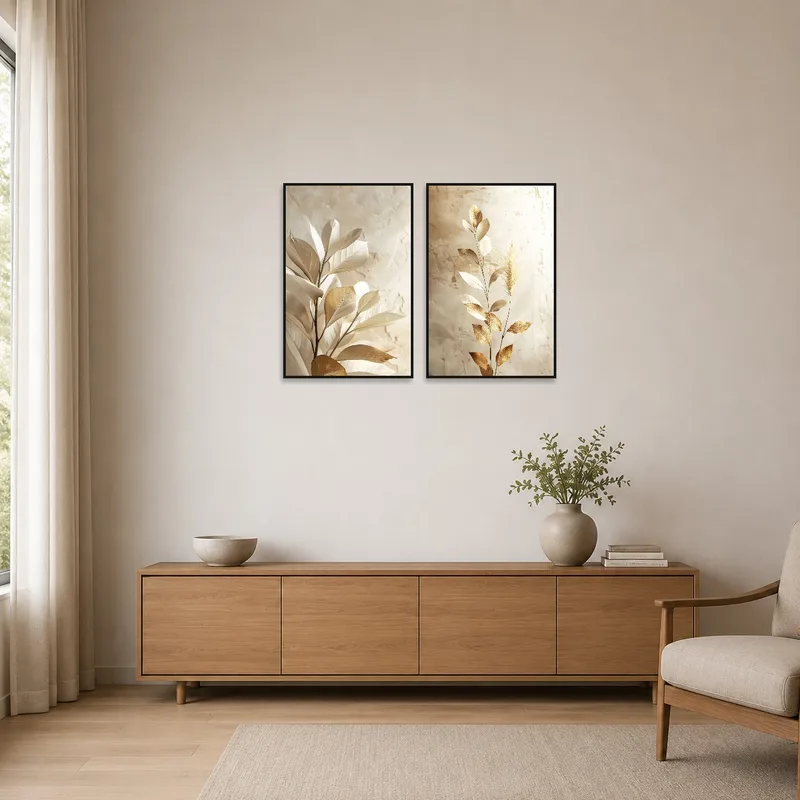 Minimalist room brightened by a serene botanical print set.