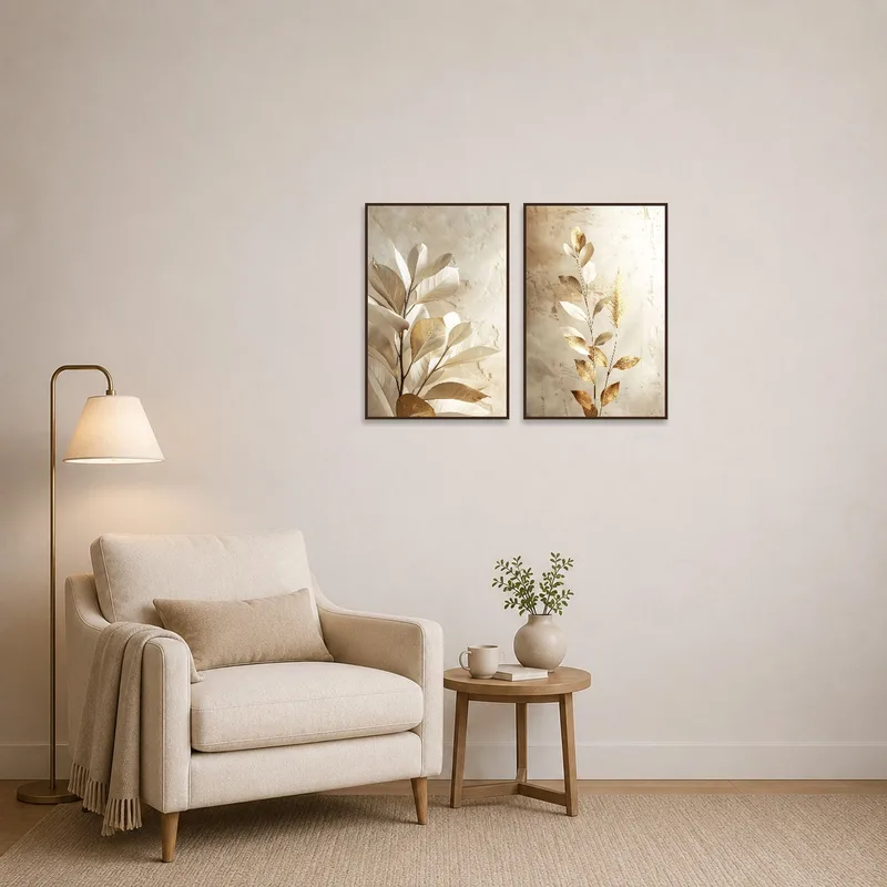 Reading corner adorned with serene botanical elegance prints.