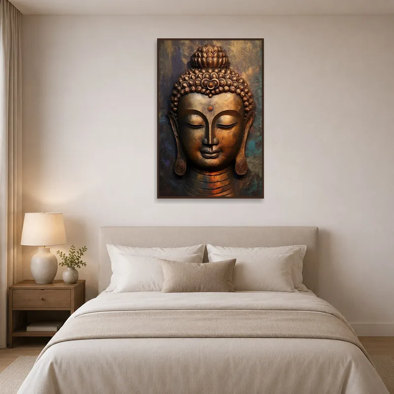Buddha head art piece displayed above a serene bedroom setting.