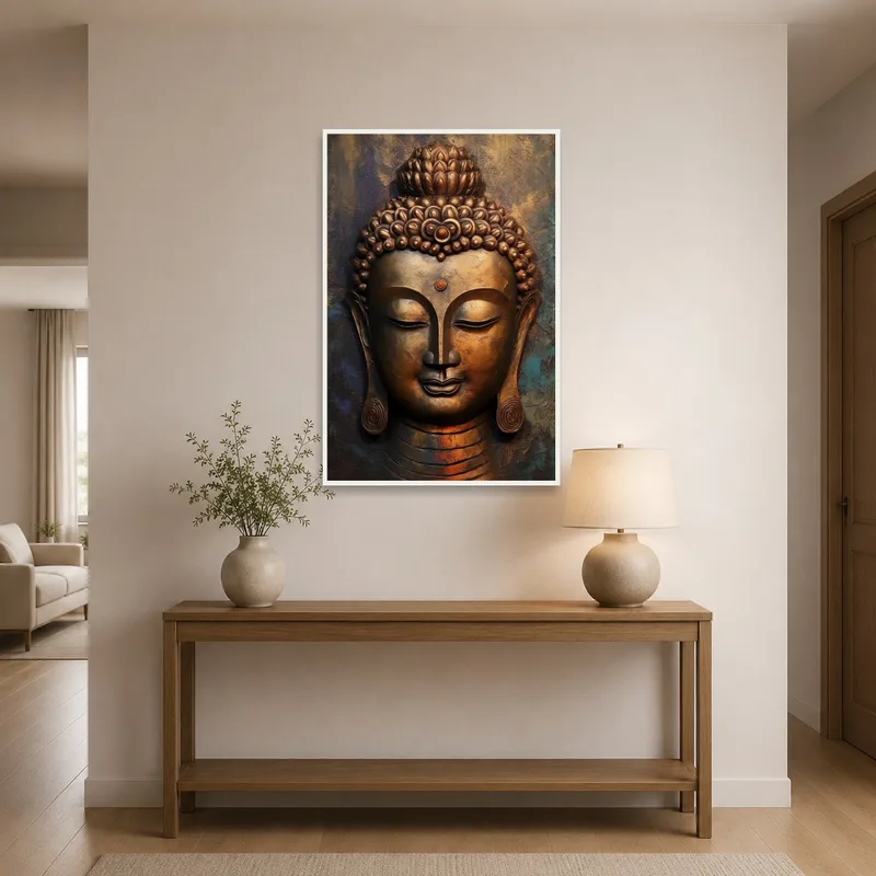 Calm Buddha head artwork adorning an elegant entrance hall.