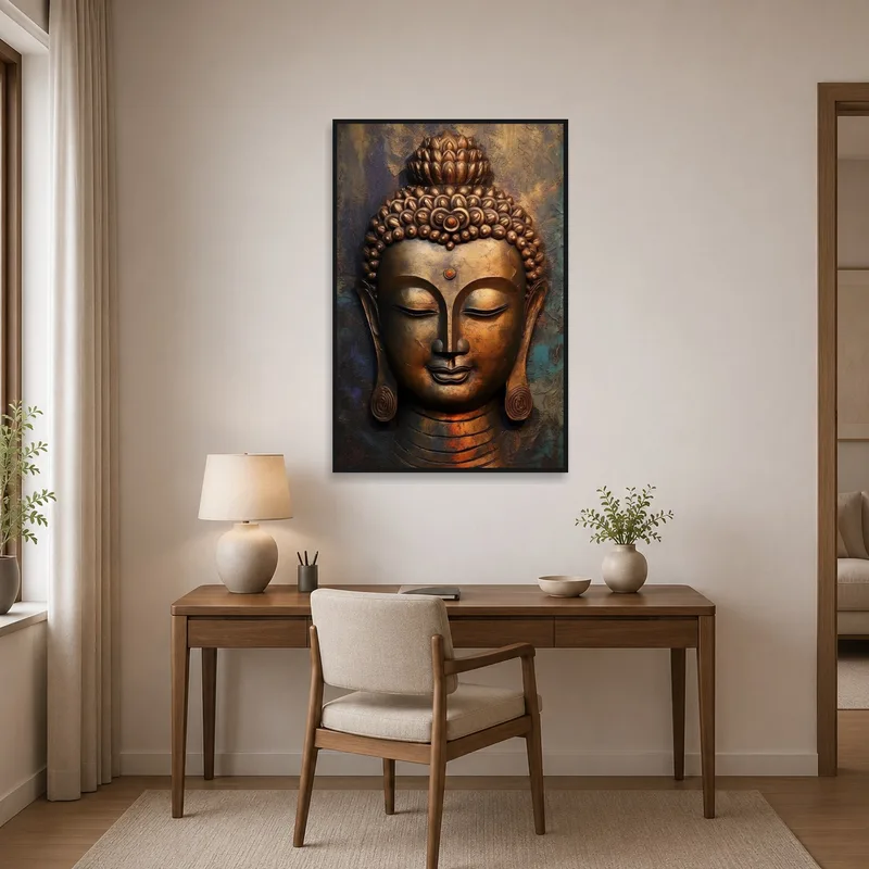 Serene Buddha artwork adding tranquility to a modern home office.