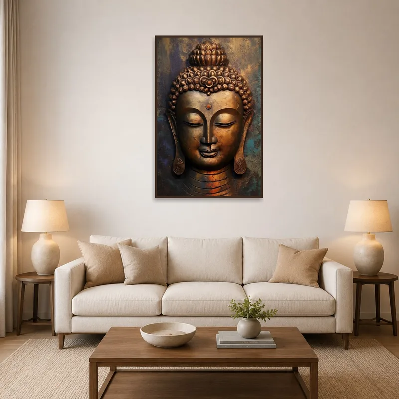 Serene Buddha head artwork hung in a cozy living room setting.