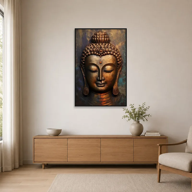 Bronze-toned Buddha head in minimalistic space with clean lines.
