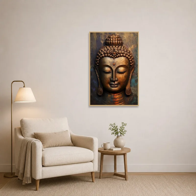 Peaceful Buddha head image in a tranquil reading corner.