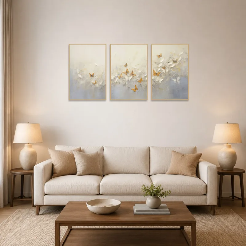 Triptych of soft-hued butterflies above a cozy couch in a stylish living room.