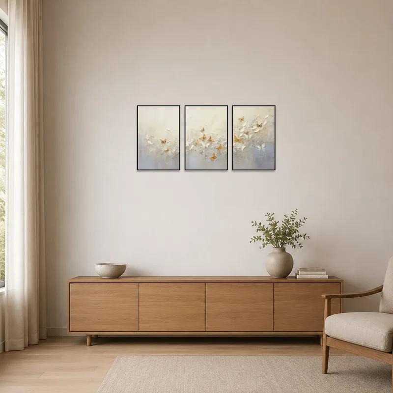 Butterfly artwork adds a gentle touch to a sparse minimalist space.