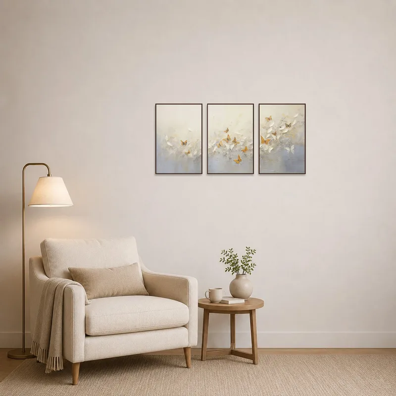 Tranquil butterfly triptych enhances calm in a cozy reading corner.