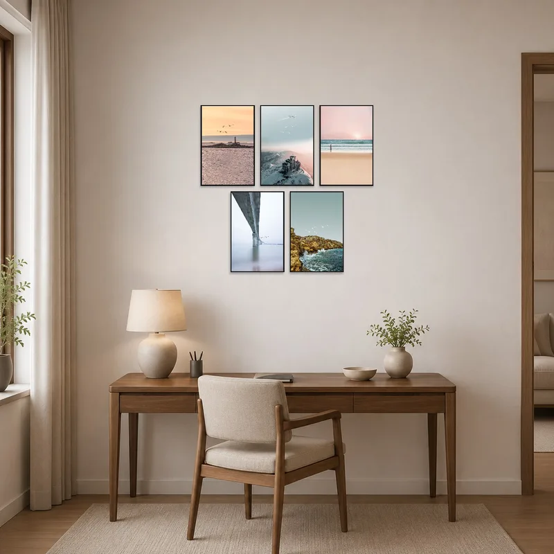 Home office with serene coastal and mountain landscape set.