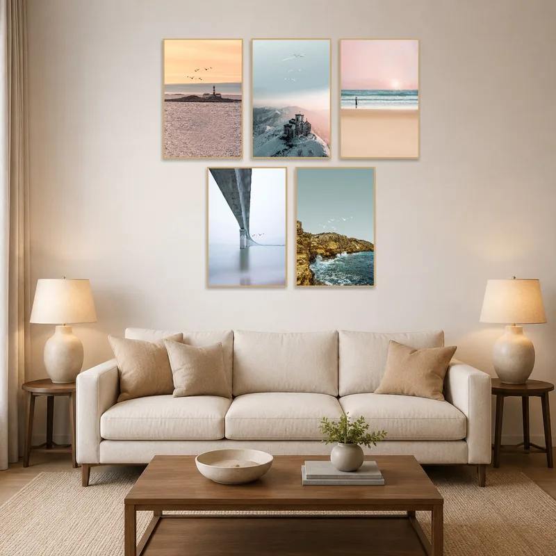 Serene coastal and mountain artwork in a cozy living room setting.