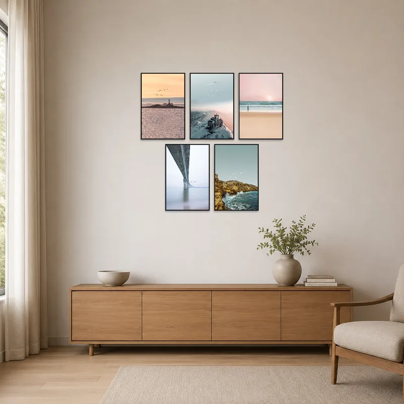 A minimalist room showcasing serene coastal and mountain landscapes.