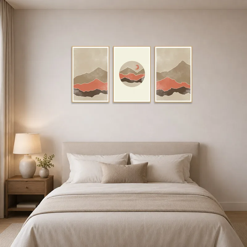 Soothing landscape triptych adorns the bedroom wall, adding warmth above the bed.