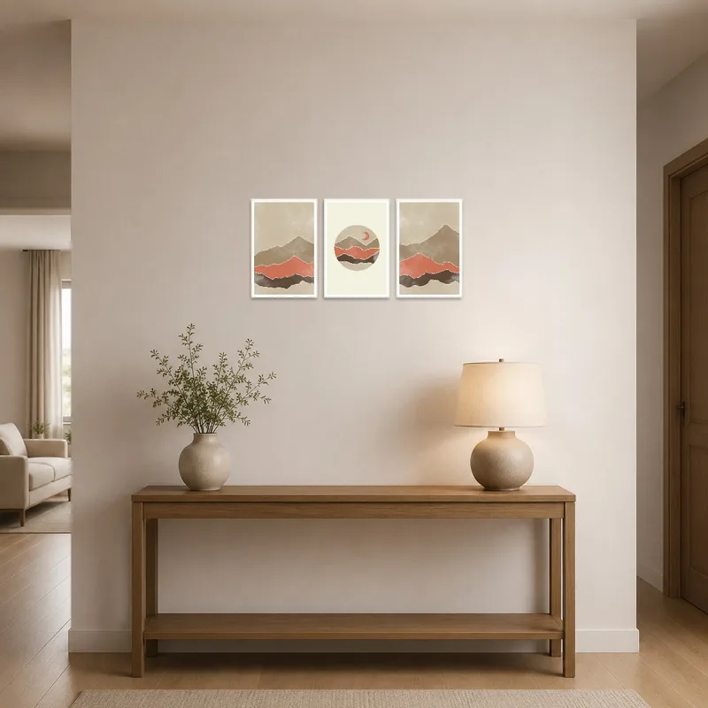 Serene landscape artwork set decorates the entrance hall above a console table.