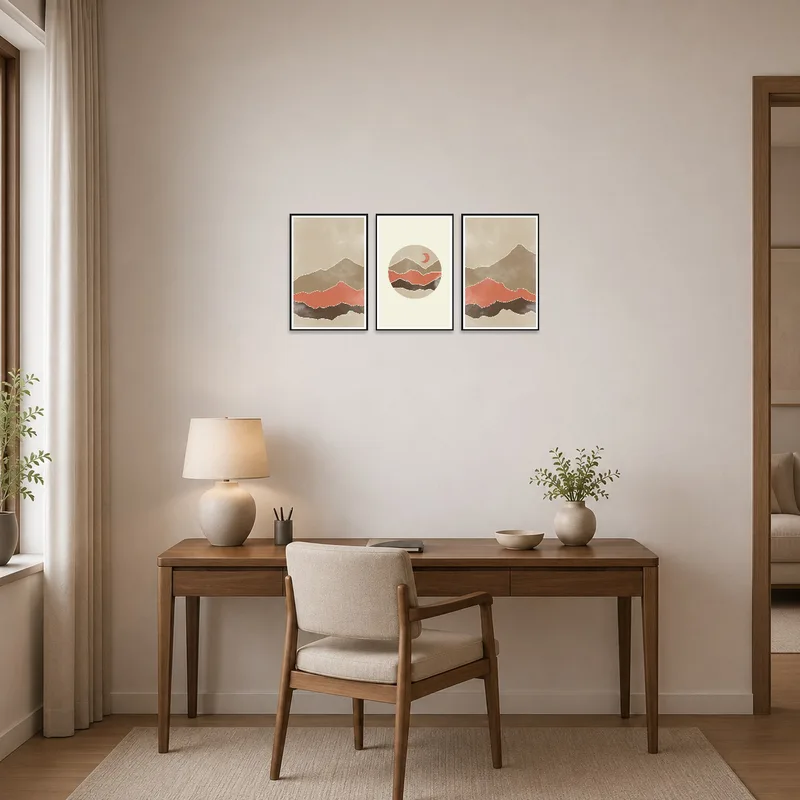 Earth tones landscape set enhances a home office, providing a calming backdrop to a desk.