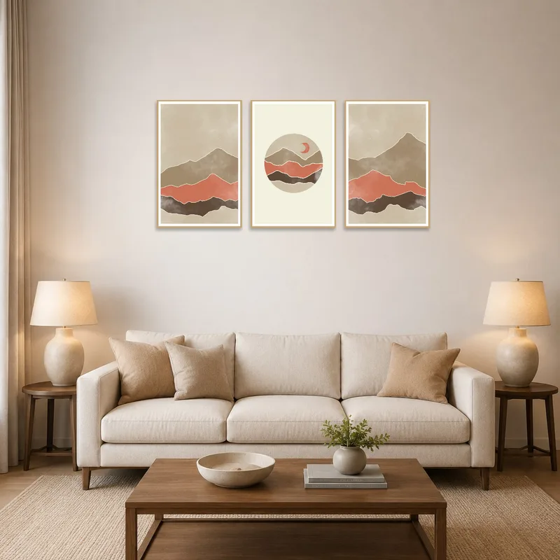 Triptych art set with earth tones landscape hung above a sofa in the living room.
