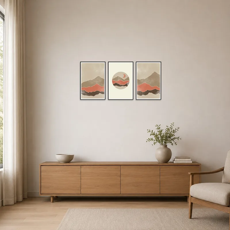 Earth tones landscape triptych displayed in a minimalist setting with sparse furnishings.