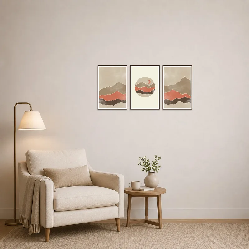 Tranquil earth tones triptych complements a cozy reading corner with a comfy chair.