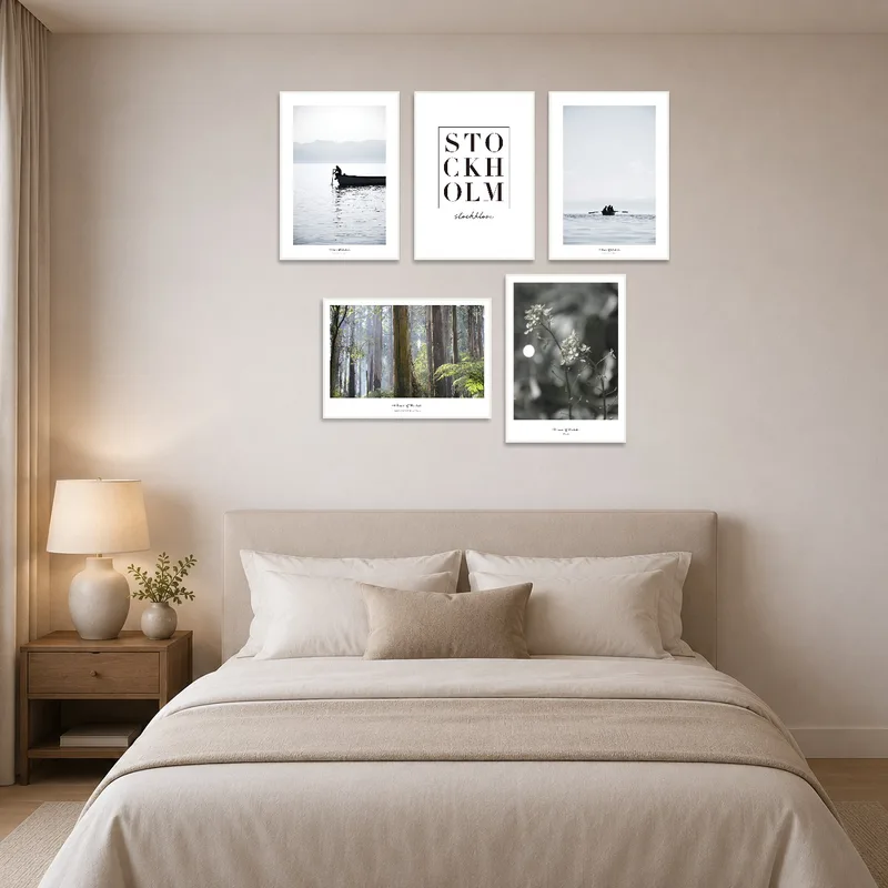 Serene lakes and forest set adding calmness to a bedroom.