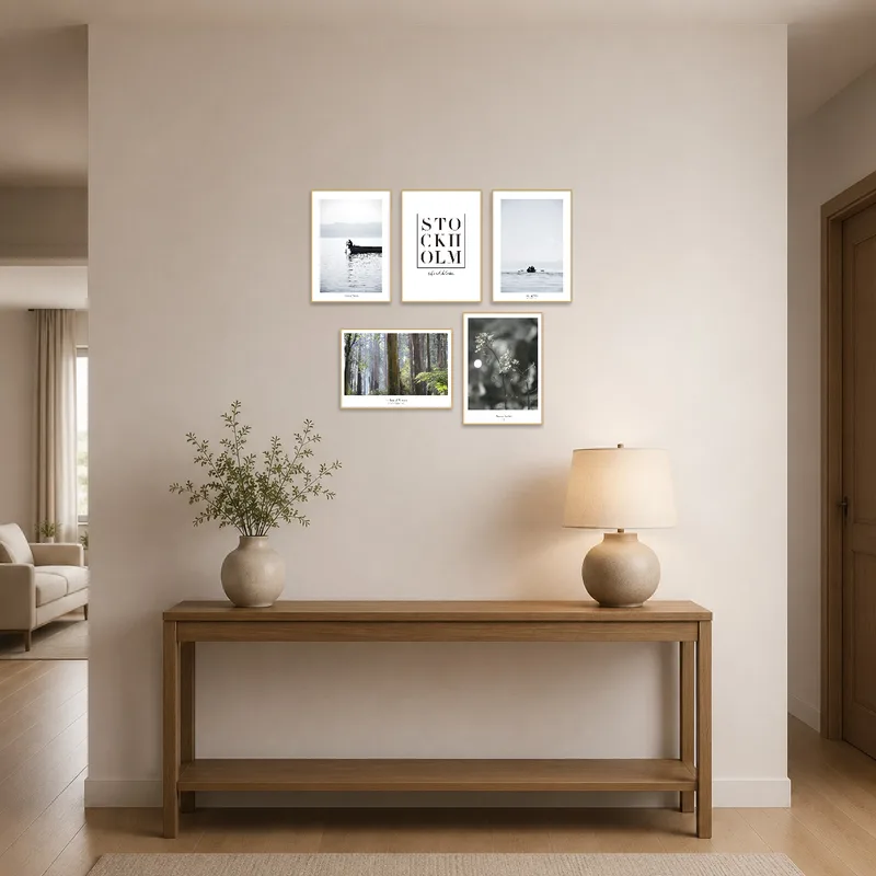 Nature-inspired prints inviting tranquility in an entrance hall.