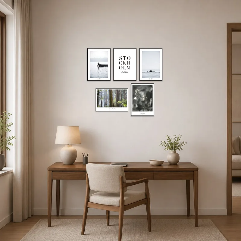 Inspiring lakes and forest prints enriching a home-office wall.
