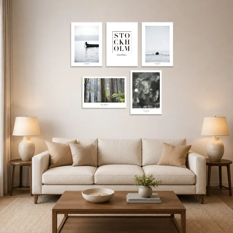 A calming lakes and forest print set above a cozy couch in a living room.