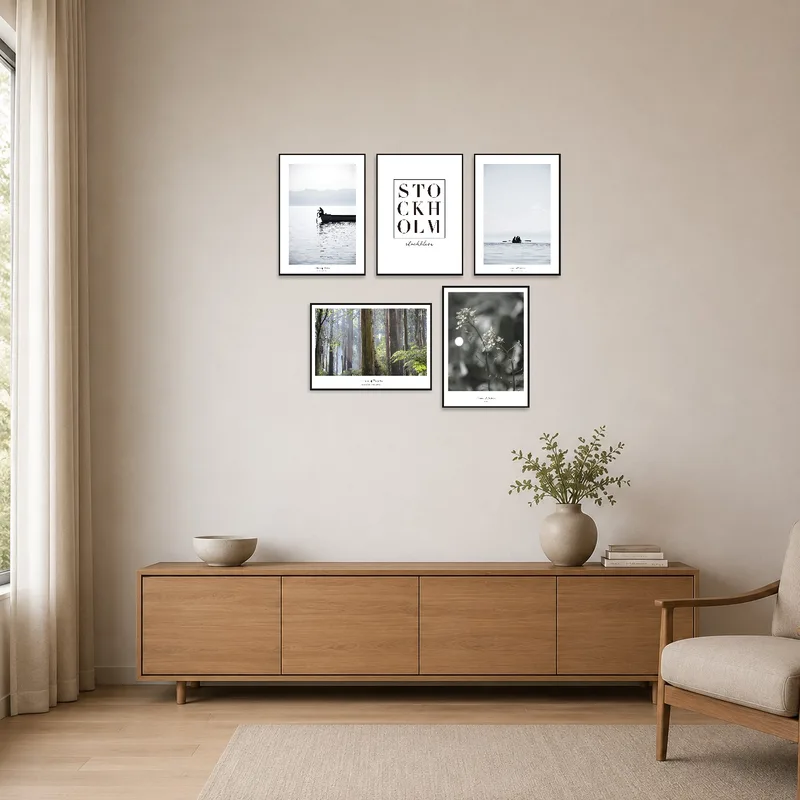 Lakes and forest prints on a crisp, clean minimalist wall.