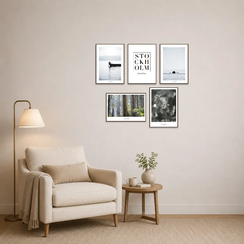 Peaceful lakes and forest prints enhancing a reading corner.