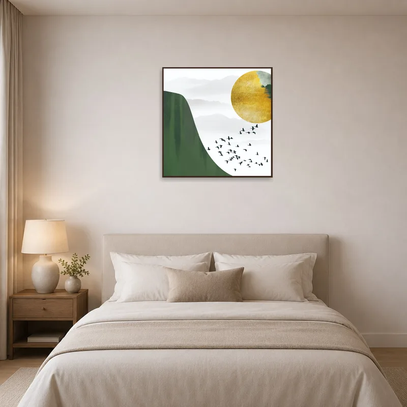 Tranquil landscape art adorning a restful bedroom.