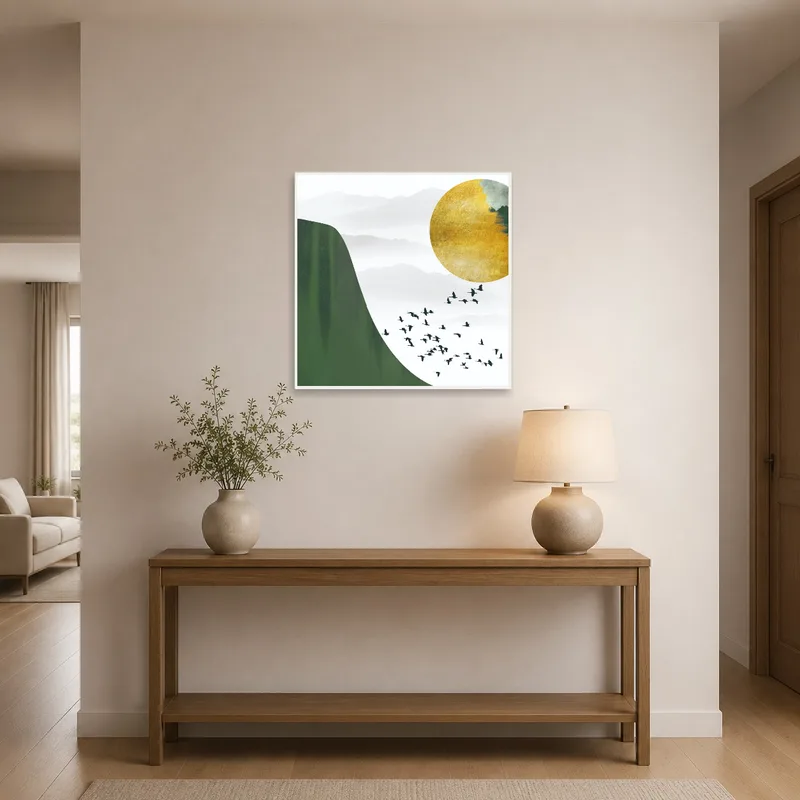 Serene landscape art greeting visitors in an entrance hall.