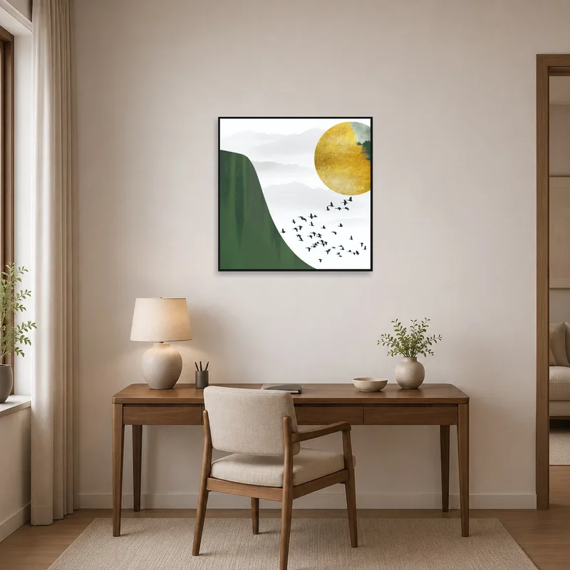 Landscape with birds inspiring creativity in a home office.