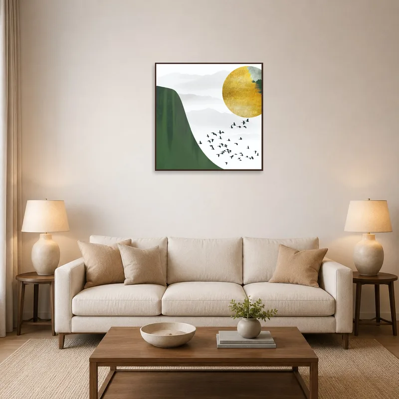 Artwork of golden sun and birds hanging in a cozy living room setting.