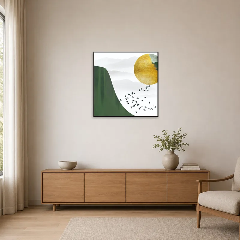 Landscape with sun and birds featured in a minimalist space.