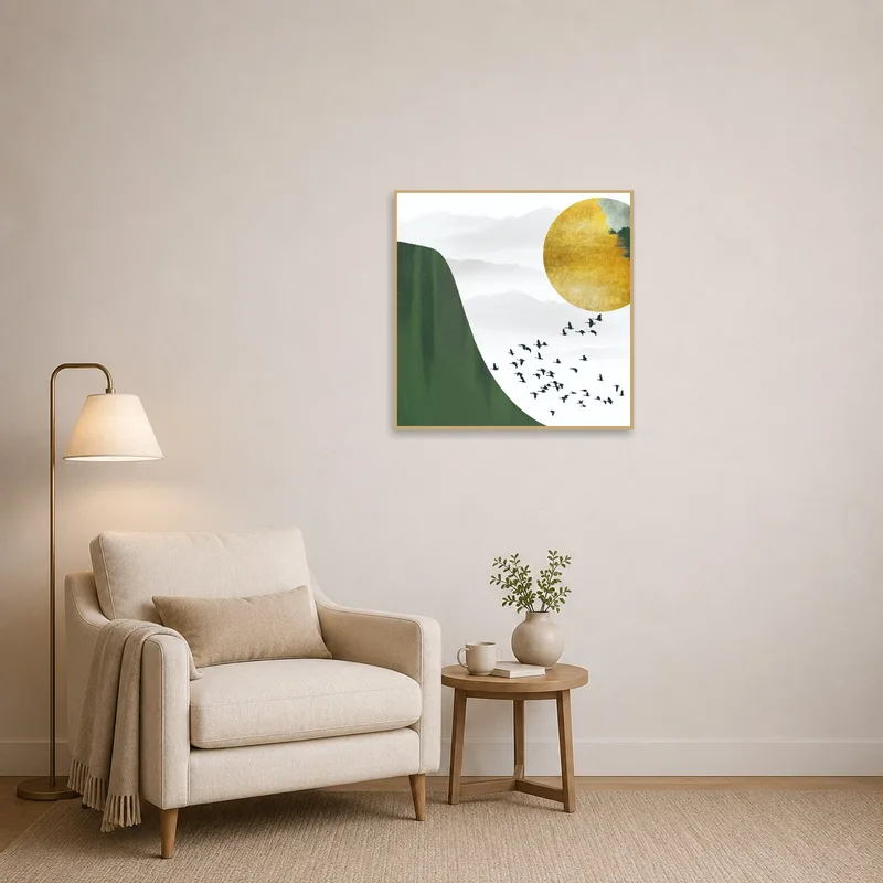 Golden sun art piece highlighting a peaceful reading corner.