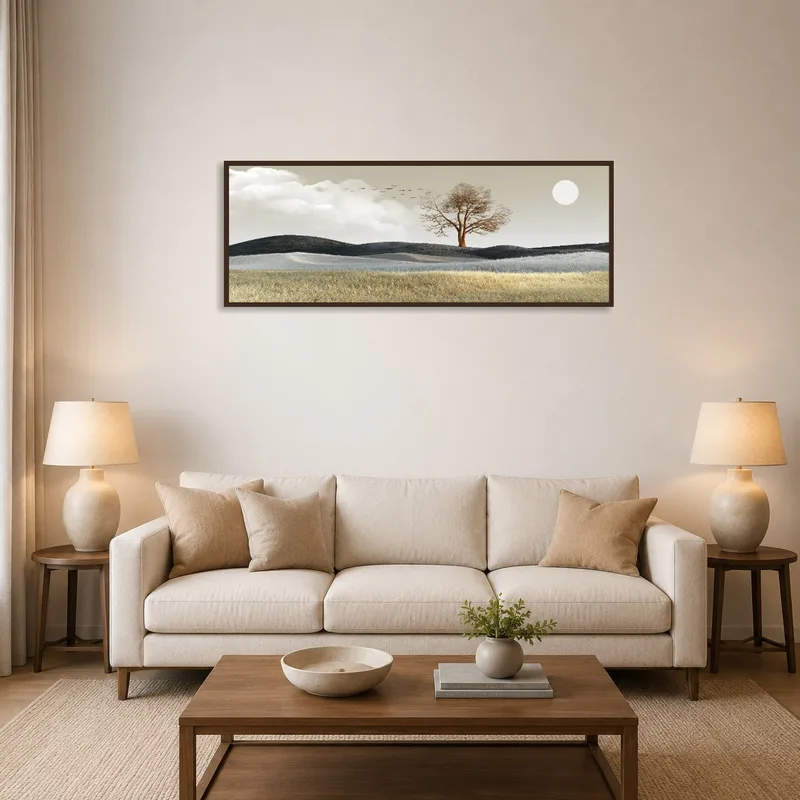 A serene landscape with a lone tree and sky hangs above a cozy sofa in the living room.