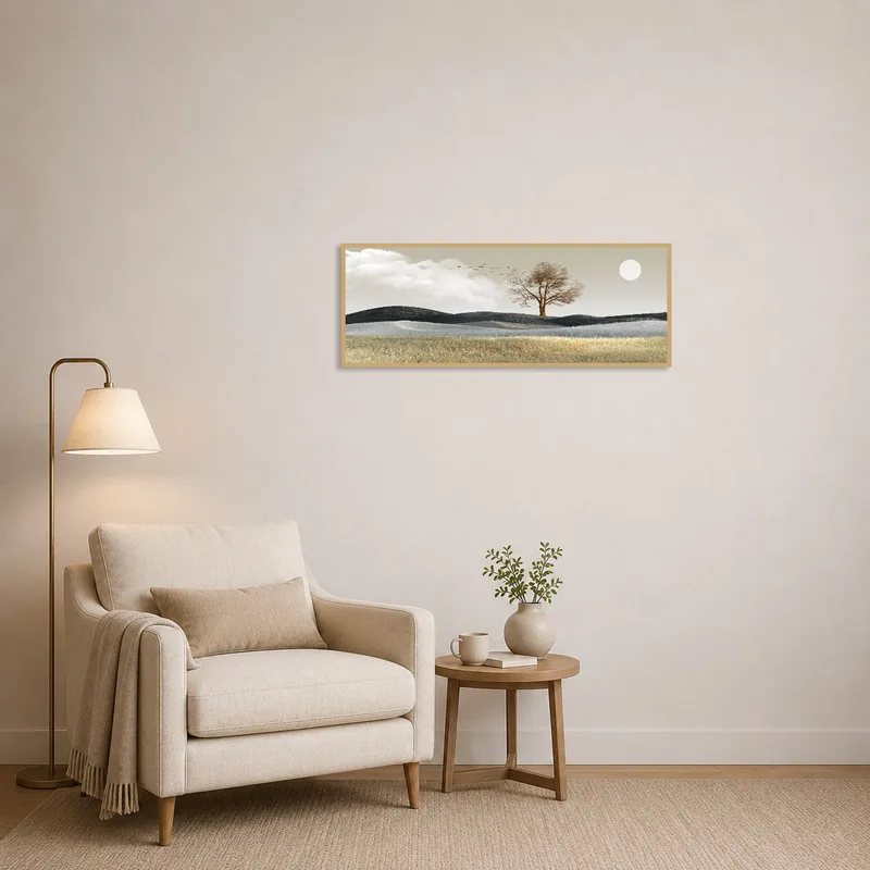 The reading corner features a serene landscape with a lone tree and sky for a tranquil vibe.