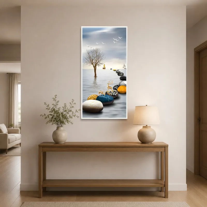 In the entrance hall, a tranquil landscape with stones and a boat welcomes guests.