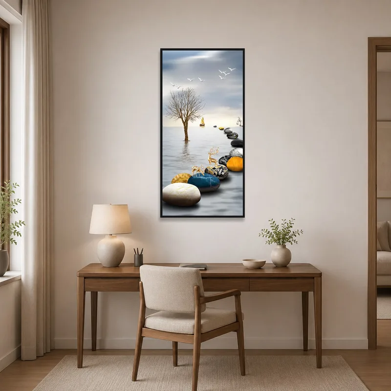 A tranquil landscape of stones and a boat adds calmness to a productive home office space.