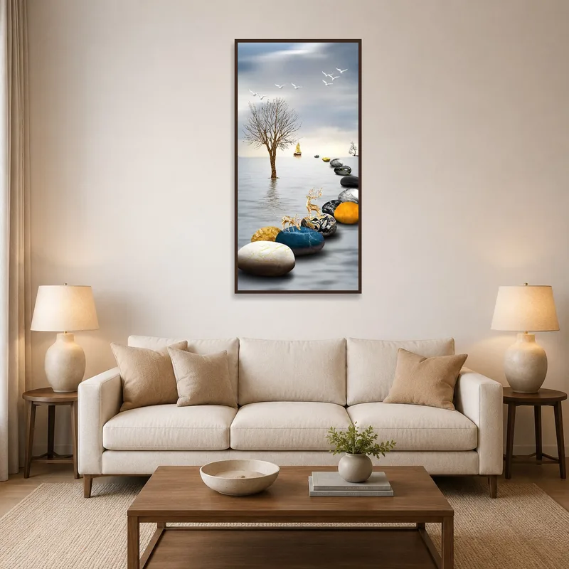 A serene landscape with stones and a boat hangs above a cozy living room setting.