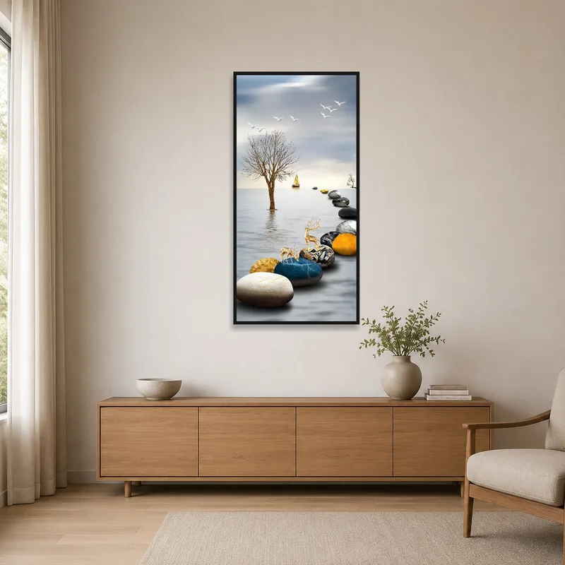 A simple room showcasing a detailed landscape of stones and a boat on a clear wall.