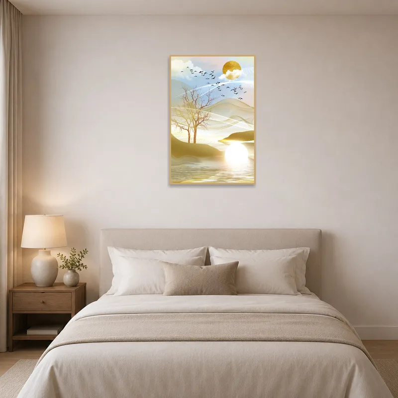 Bedroom wall showcasing a peaceful landscape of sunset and birds.