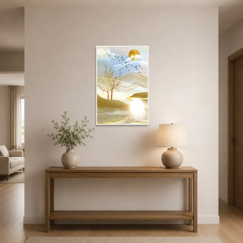 Entrance hall featuring a tranquil sunset landscape with birds.
