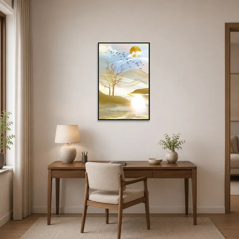 Home office atmosphere elevated by a sunset landscape with birds.