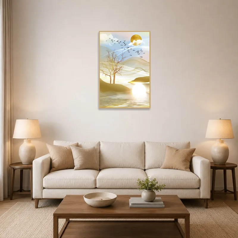 Serene sunset landscape with birds enhancing a cozy living room.