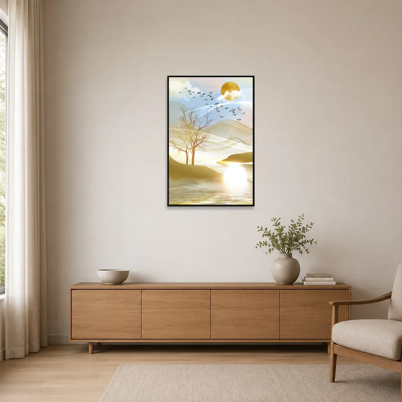 Minimalist space adorned with a calming landscape of sunset and birds.