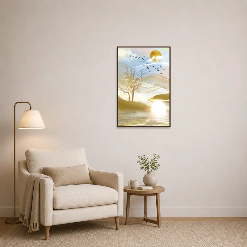 Reading corner graced by a serene sunset and bird-filled landscape.