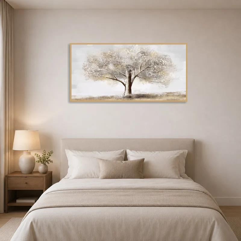 Peaceful bedroom highlighted by a tree landscape.