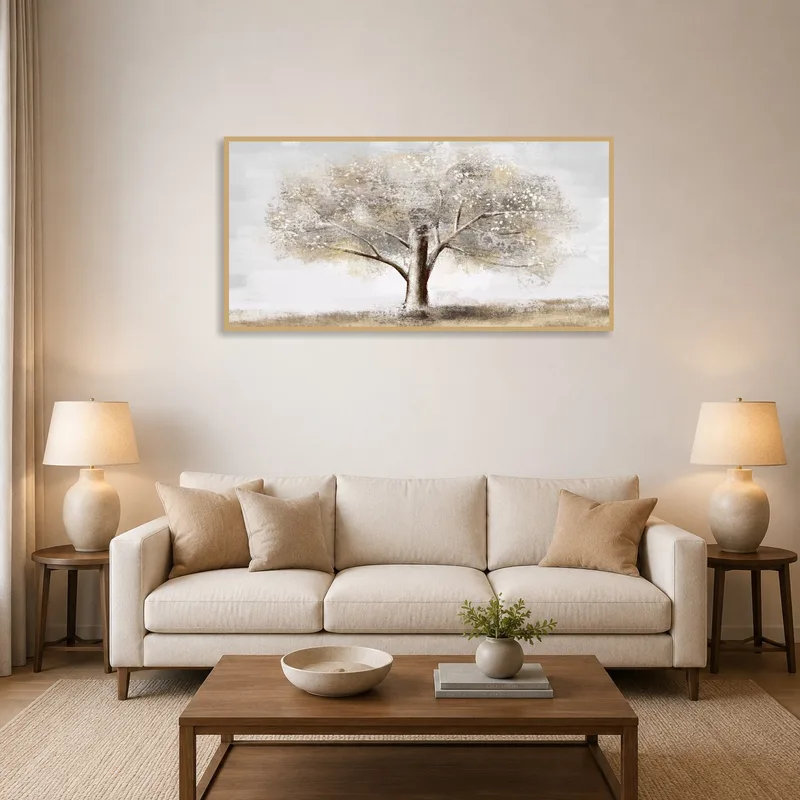 Neutral-toned tree landscape in a cozy living room setting.