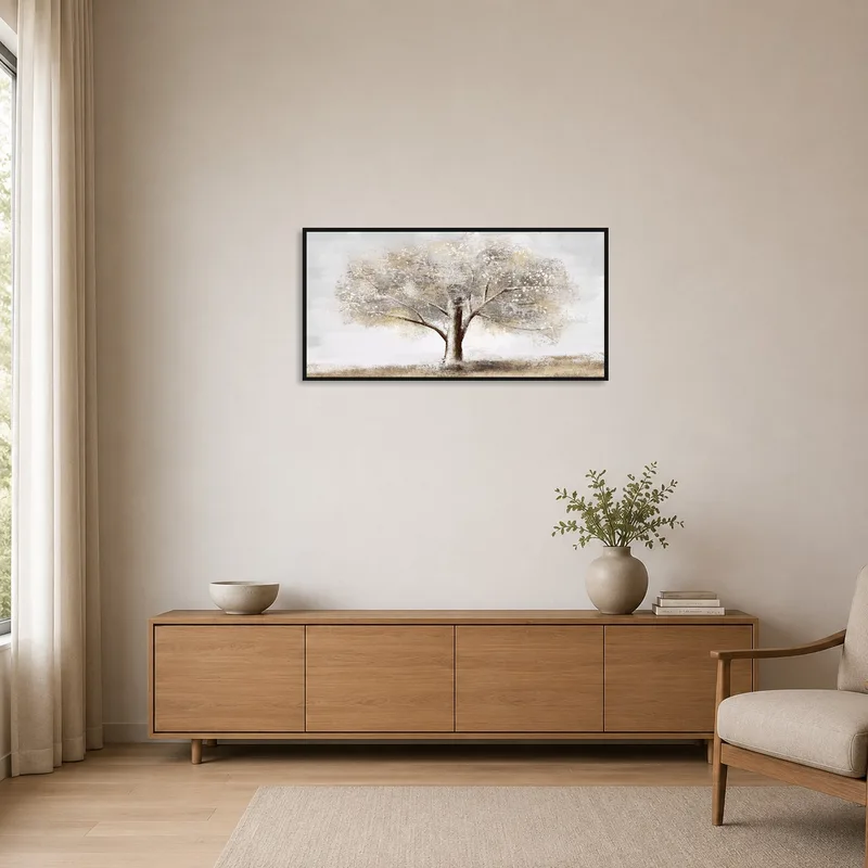Minimalist room featuring a serene textured tree artwork.