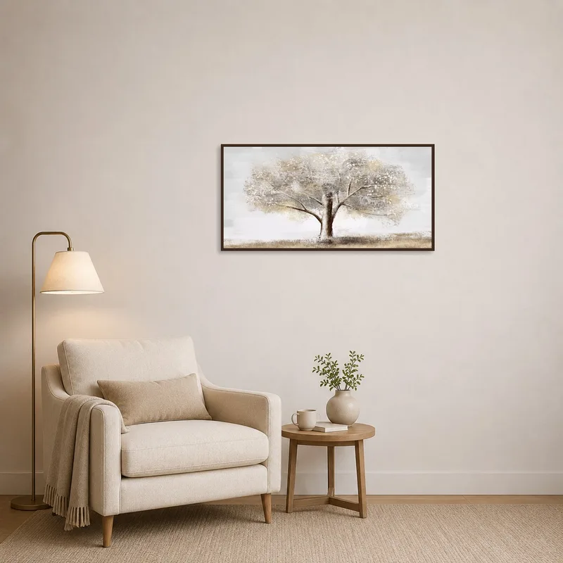 Reading corner adorned with a calming tree scene.