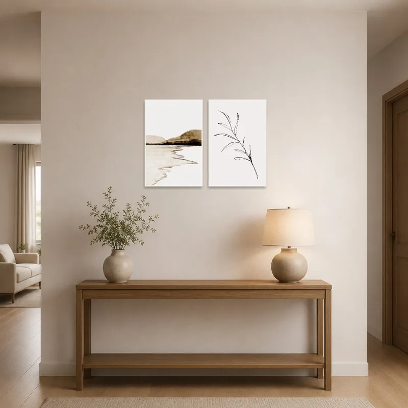 Entrance hall with a calming landscape and botanical line art to greet guests.