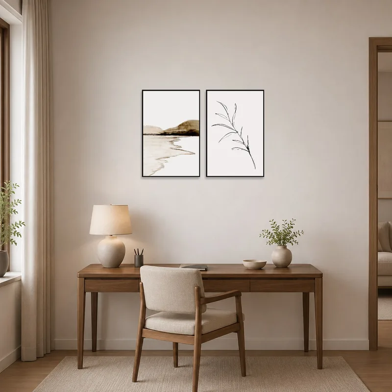 Home office adorned with serene landscapes and botanical art to inspire creativity.